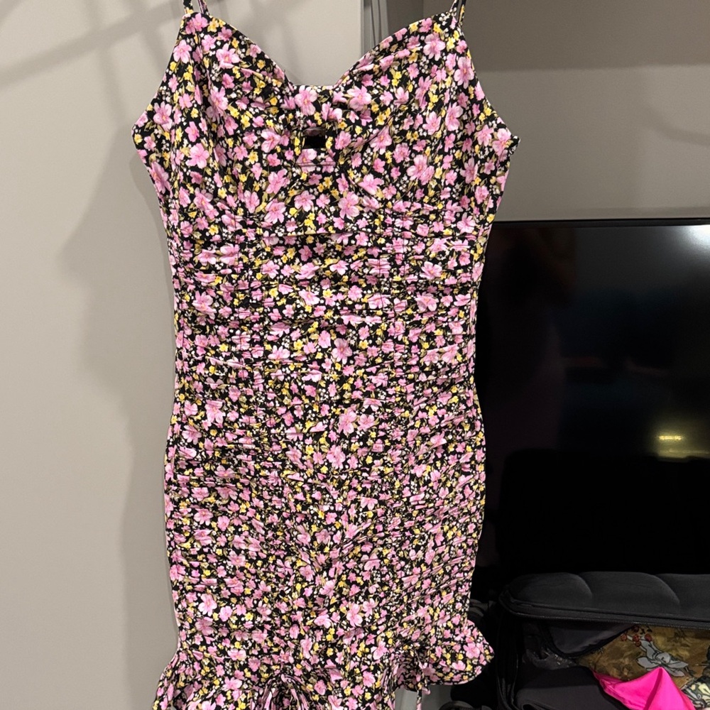 Floral Pink and Black ruched dress